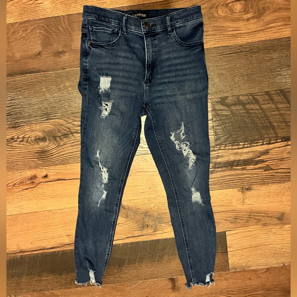 Express Dark Blue Distressed Skinny Jeans